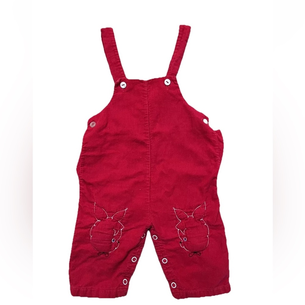 Vintage 70s corduroy red overalls with embroidered mice‎ knee pads, no tags, EUC